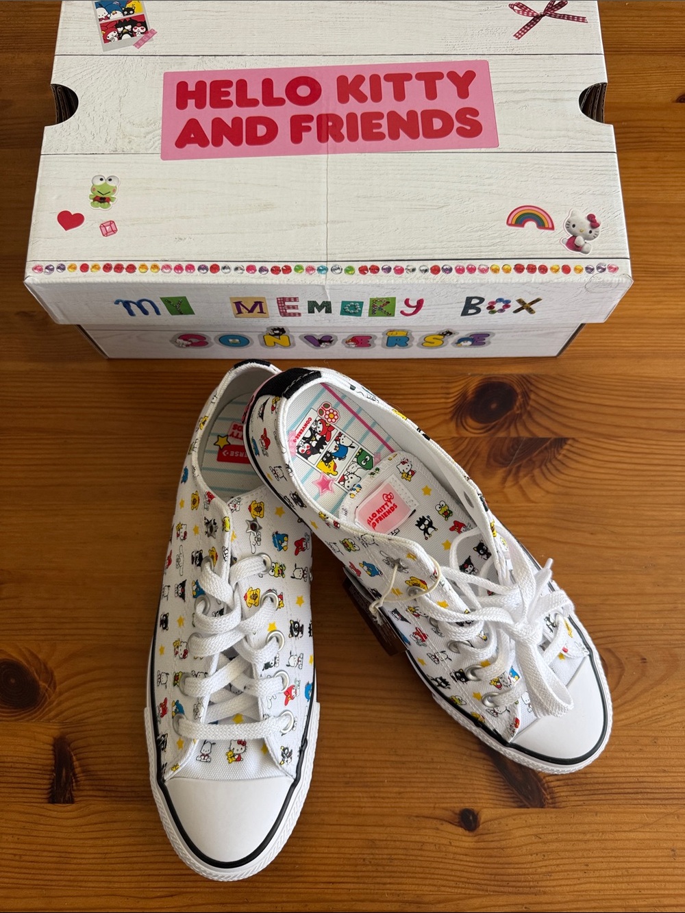 Converse White Low Top Sneakers with Multicolor Hello Kitty and Friends Print